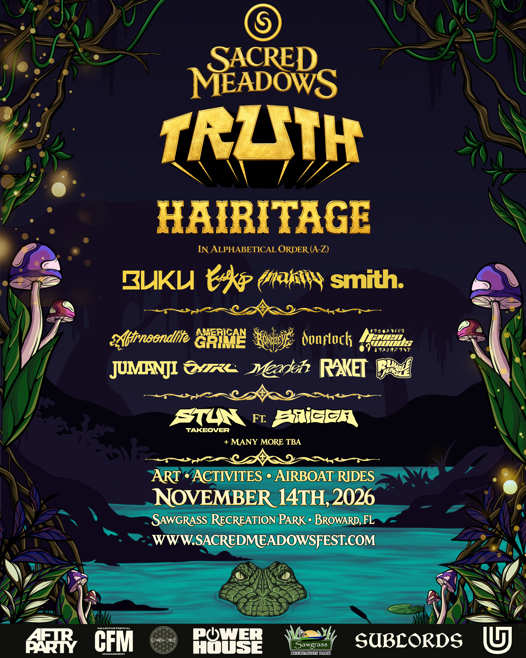 Sacred Meadows Art and Music Project 2026 Phase 1 lineup poster
